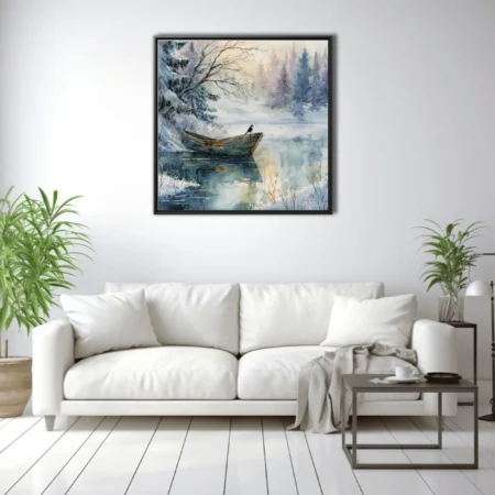 Watercolor-style winter lake scene with snowy pines, old wooden boat, and perched bird