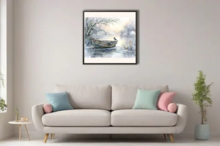 Watercolor-style winter lake scene with snow-covered rowboat and perched bird, icy blue palette