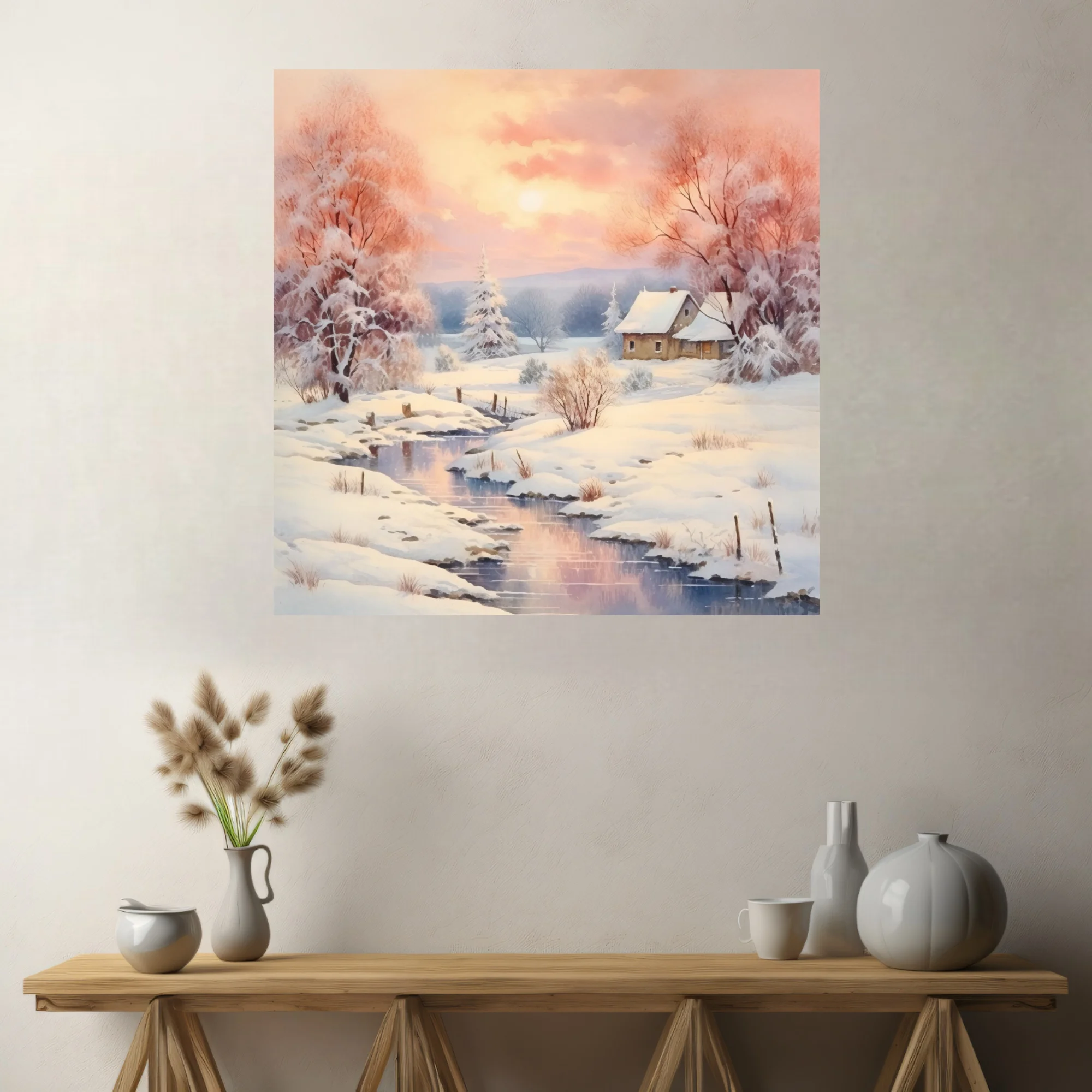 Watercolor-style winter landscape with pastel sunset sky, frosted trees, snowy cottage and mirrored stream