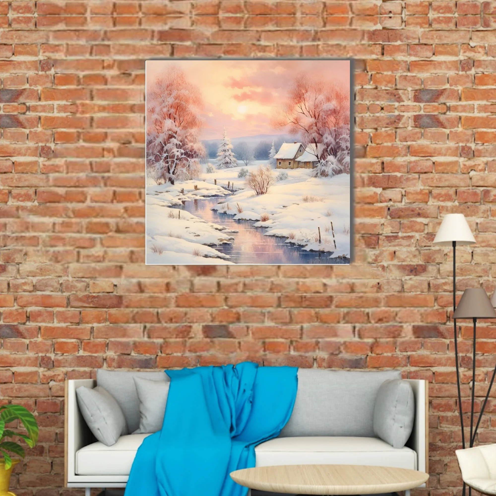 Watercolor-style winter landscape with pastel sunset sky, frosted trees, snowy cottage and mirrored stream