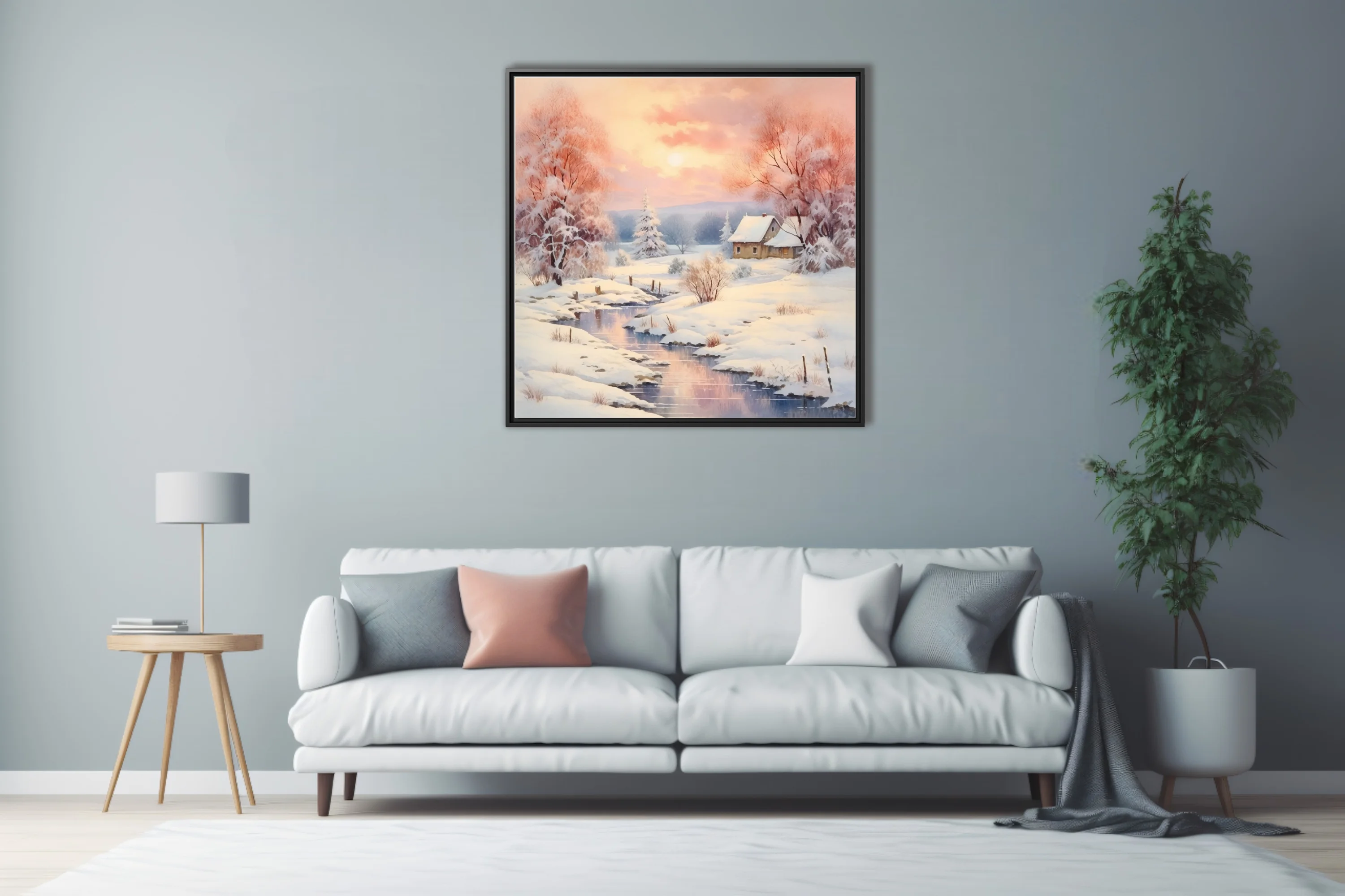 Watercolor-style winter landscape with pastel sunset sky, frosted trees, snowy cottage and mirrored stream