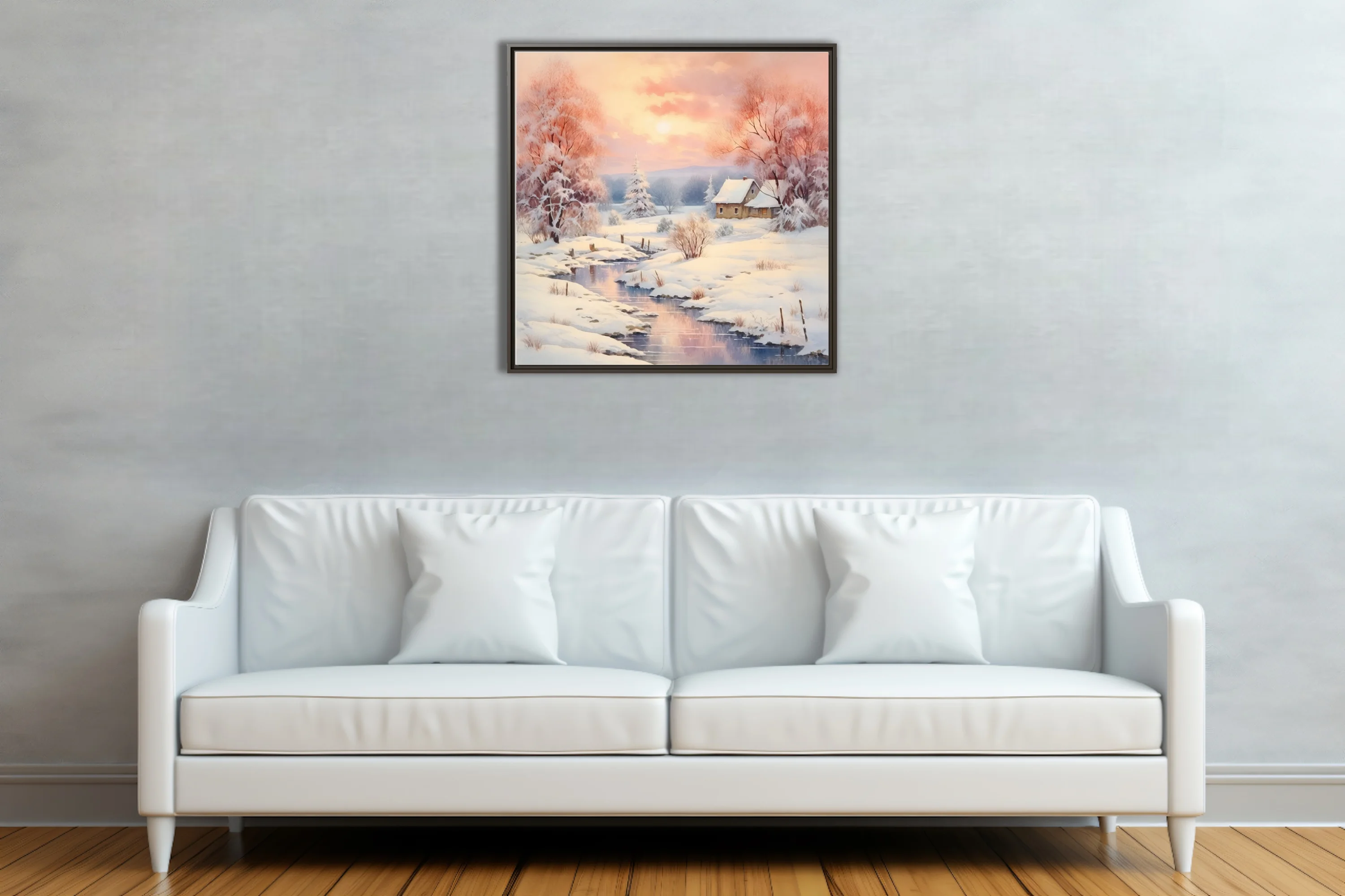 Watercolor-style winter landscape with pastel sunset sky, frosted trees, snowy cottage and mirrored stream