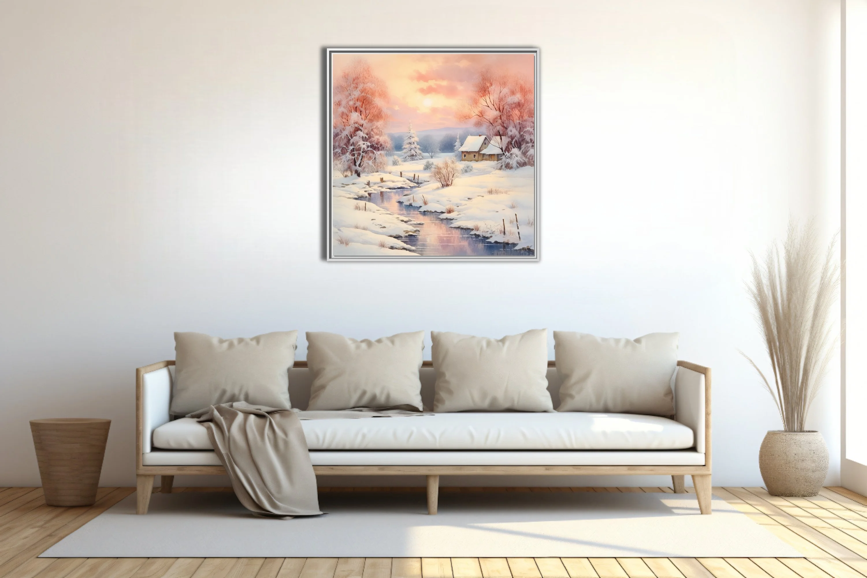 Watercolor-style winter landscape with pastel sunset sky, frosted trees, snowy cottage and mirrored stream