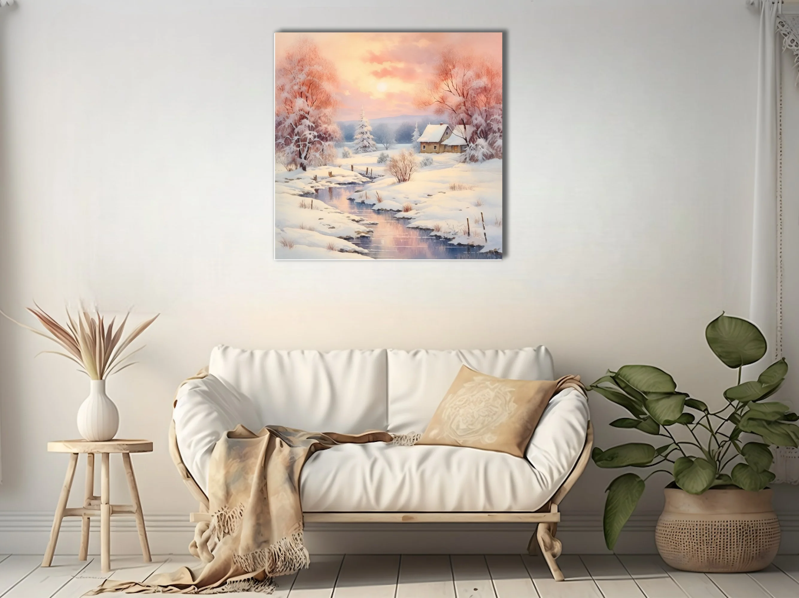 Watercolor-style winter landscape with pastel sunset sky, frosted trees, snowy cottage and mirrored stream