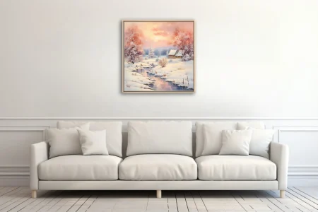 Watercolor-style winter landscape with pastel sunset sky, frosted trees, snowy cottage and mirrored stream
