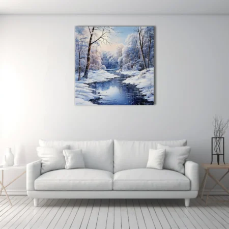 Snowy forest stream at dawn, painterly winter landscape in icy blues, white, and soft pink sky