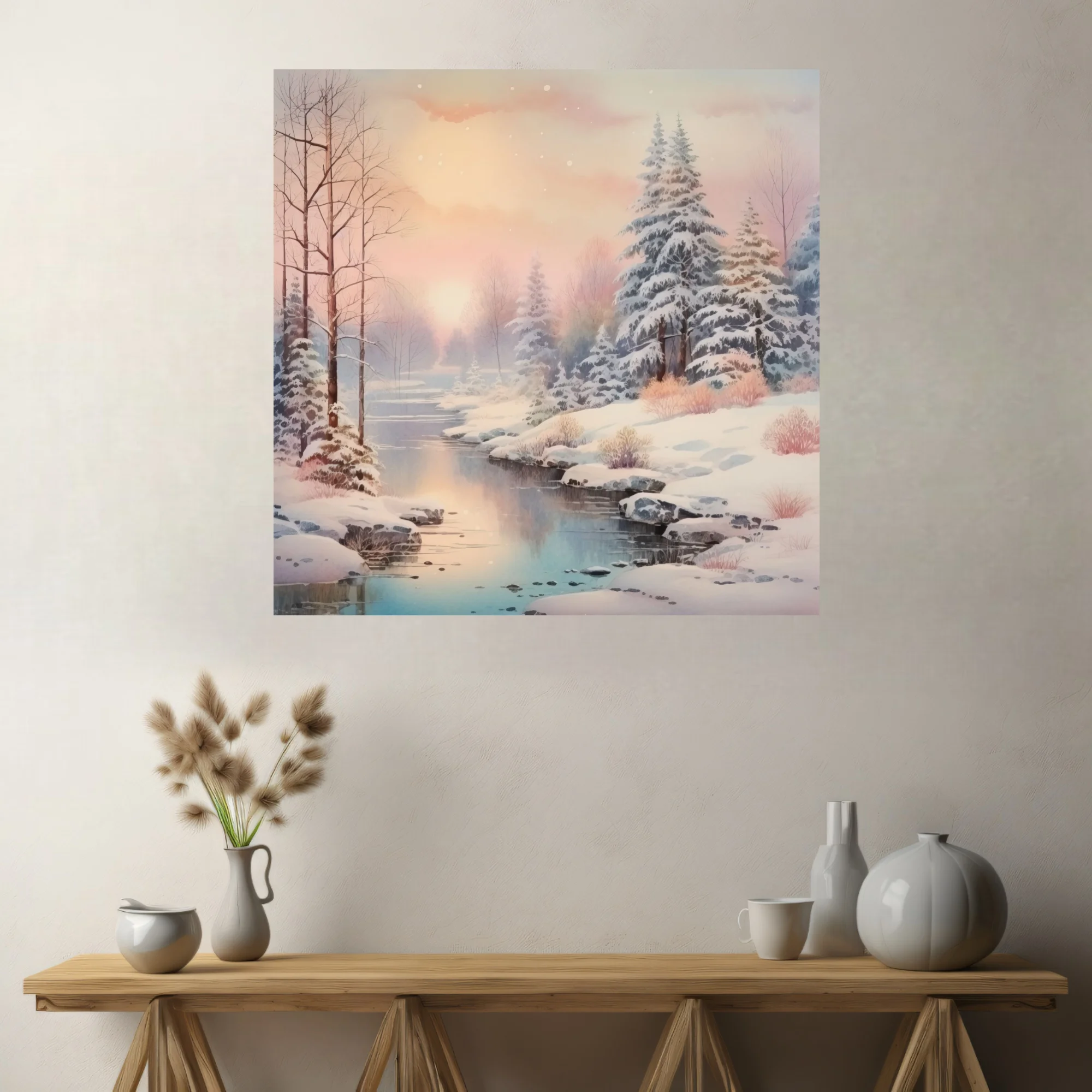Watercolor-style winter landscape with snowy trees, frozen stream, and pastel sunset sky