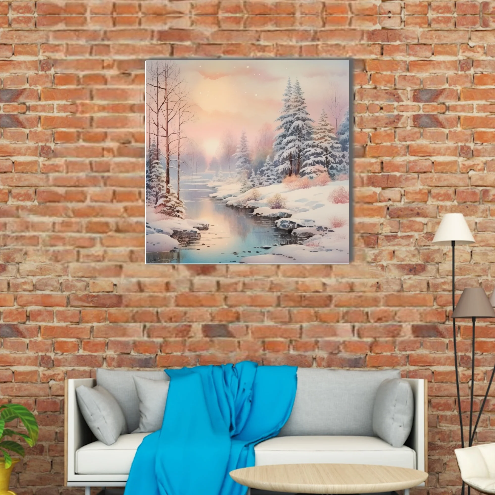 Watercolor-style winter landscape with snowy trees, frozen stream, and pastel sunset sky