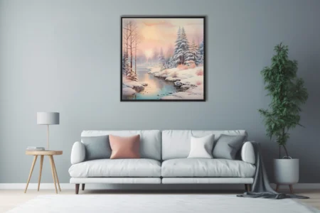 Watercolor-style winter landscape with snowy trees, frozen stream, and pastel sunset sky