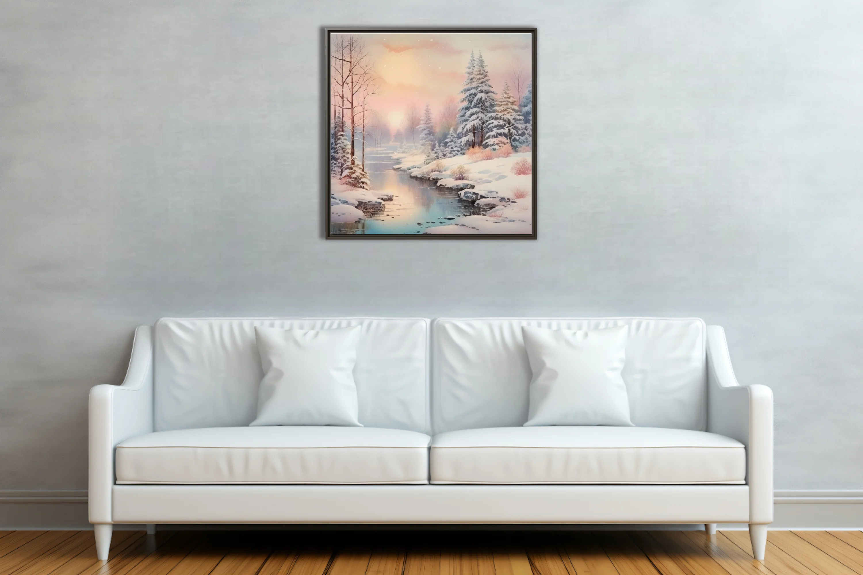 Watercolor-style winter landscape with snowy trees, frozen stream, and pastel sunset sky