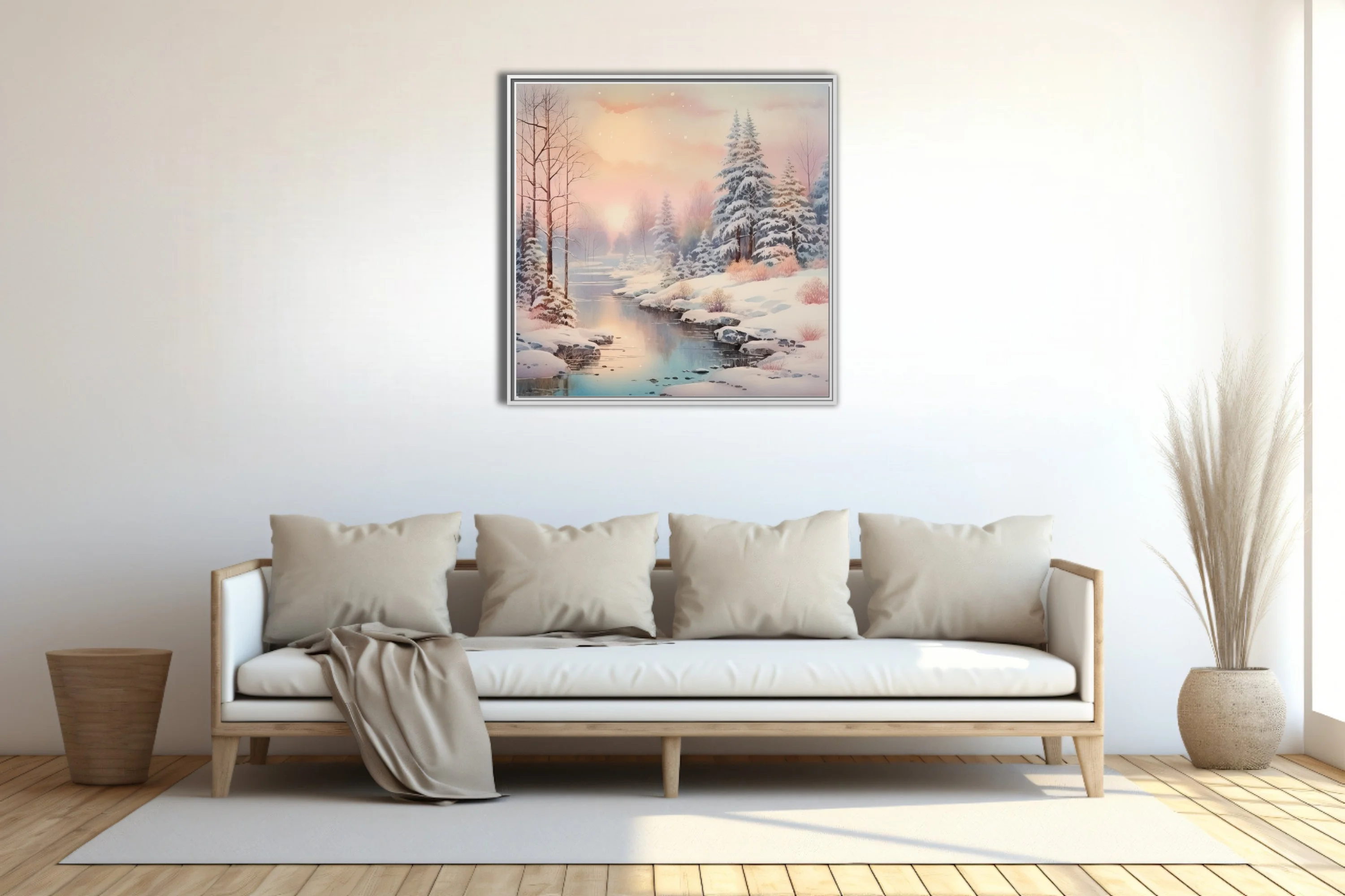 Watercolor-style winter landscape with snowy trees, frozen stream, and pastel sunset sky