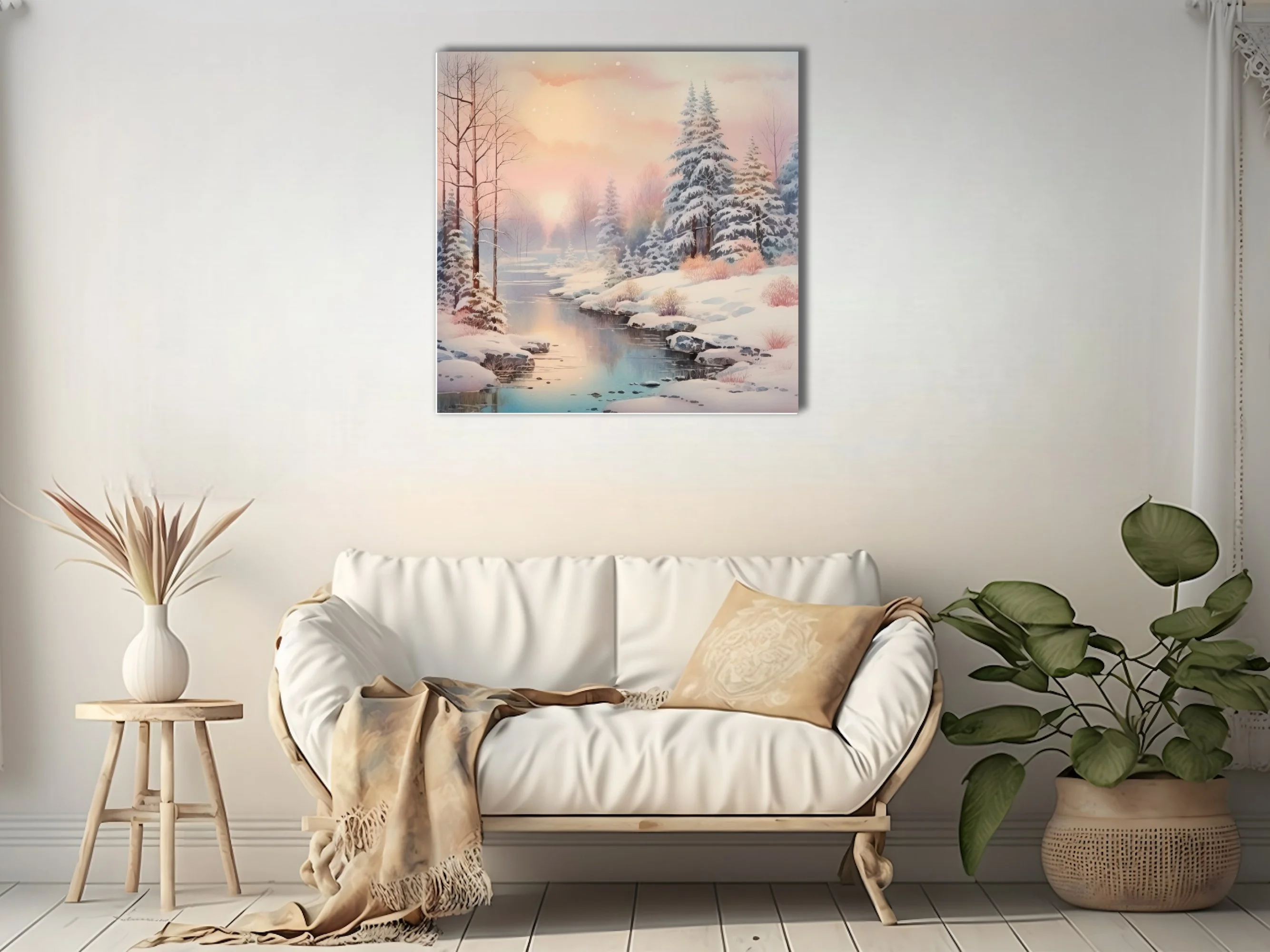 Watercolor-style winter landscape with snowy trees, frozen stream, and pastel sunset sky