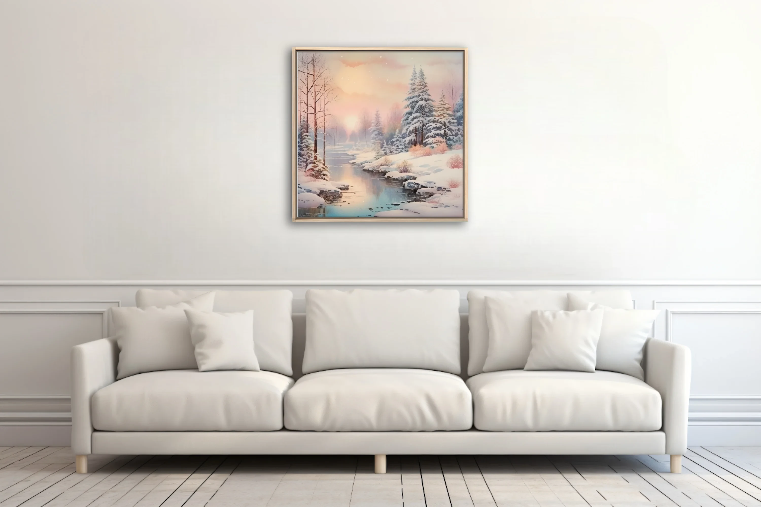 Watercolor-style winter landscape with snowy trees, frozen stream, and pastel sunset sky
