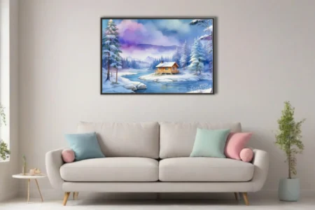 Watercolor-style winter cabin scene with snowy pines, frozen river, and pastel sky