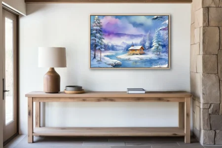 Watercolor-style winter cabin scene with snowy pines, frozen river, and pastel sky