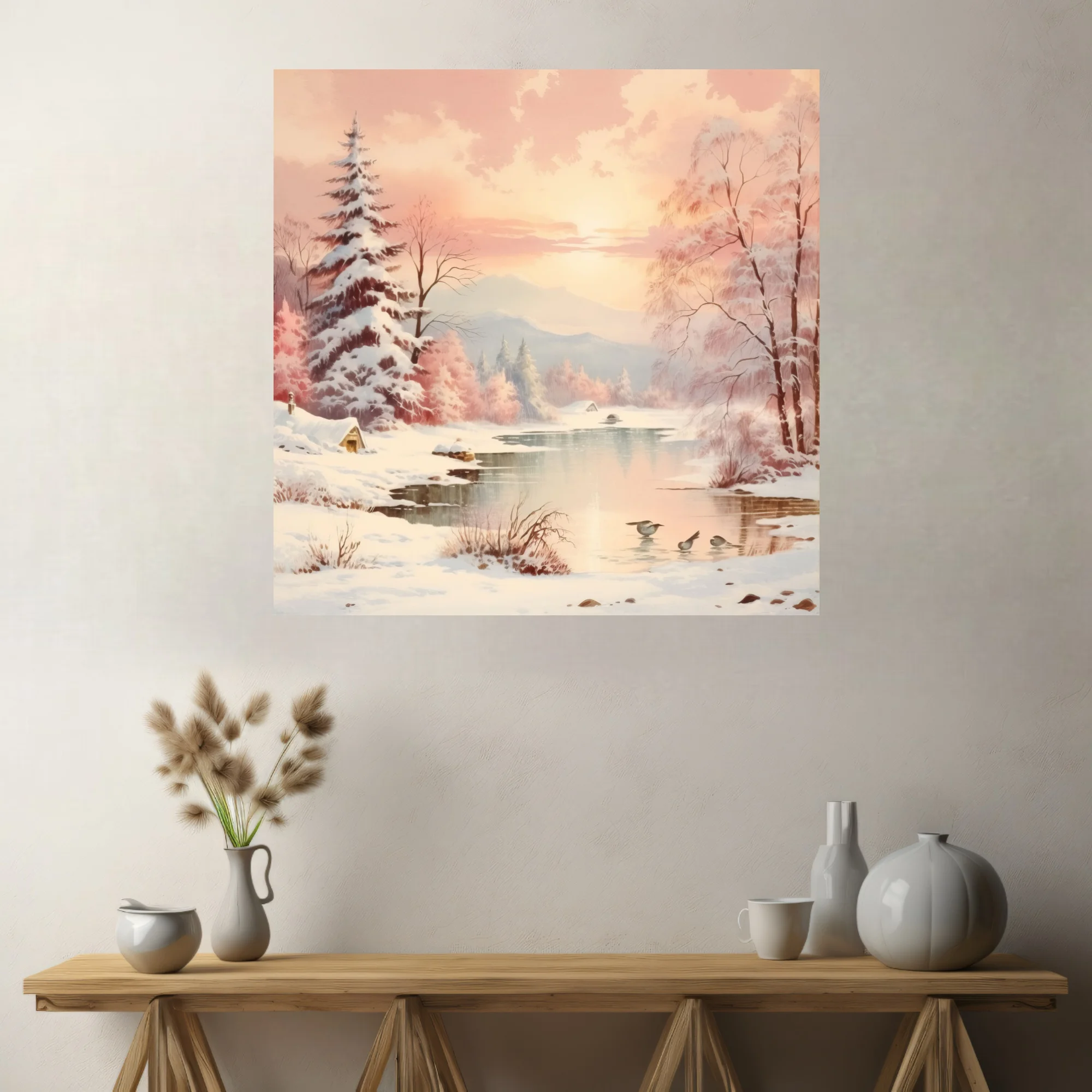 Soft-focus winter landscape in blush pink and peach pastel tones with snowy pines and quiet river