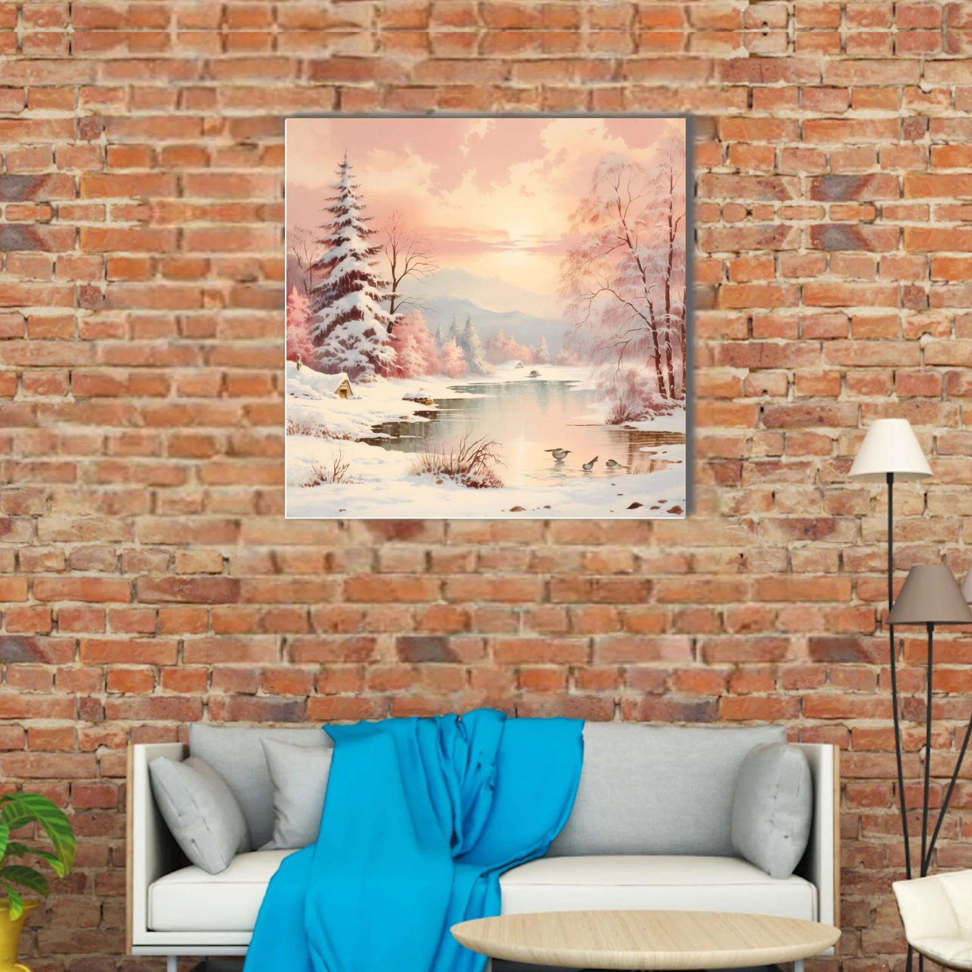 Soft-focus winter landscape in blush pink and peach pastel tones with snowy pines and quiet river