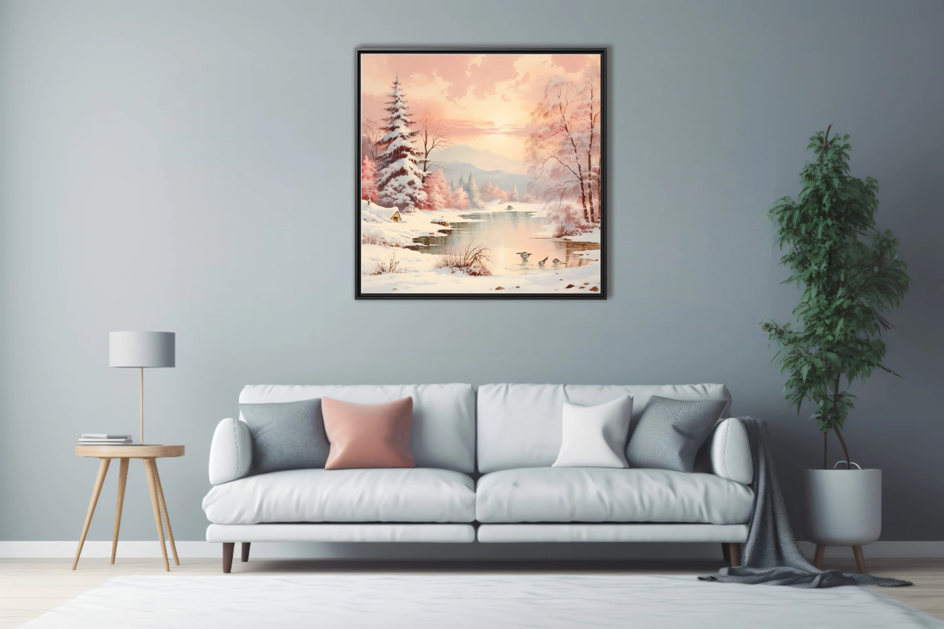 Soft-focus winter landscape in blush pink and peach pastel tones with snowy pines and quiet river