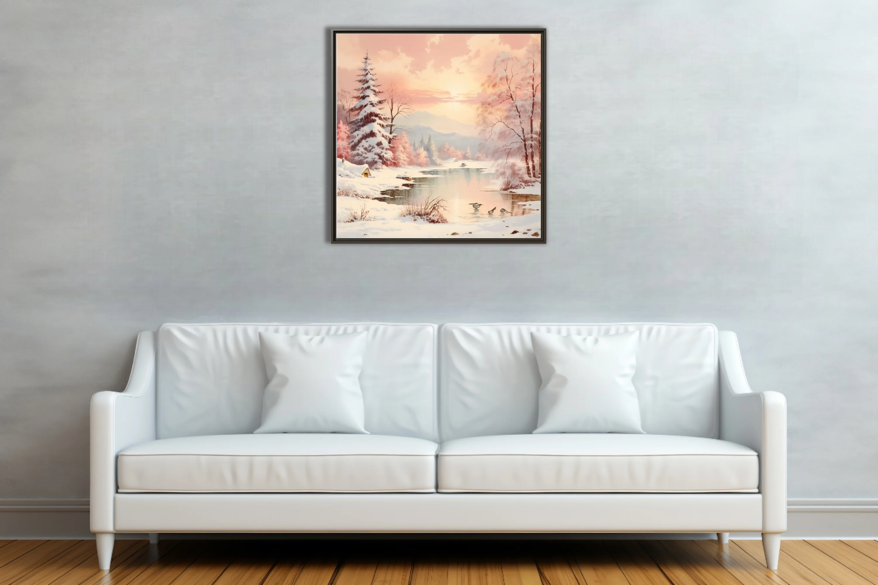 Soft-focus winter landscape in blush pink and peach pastel tones with snowy pines and quiet river