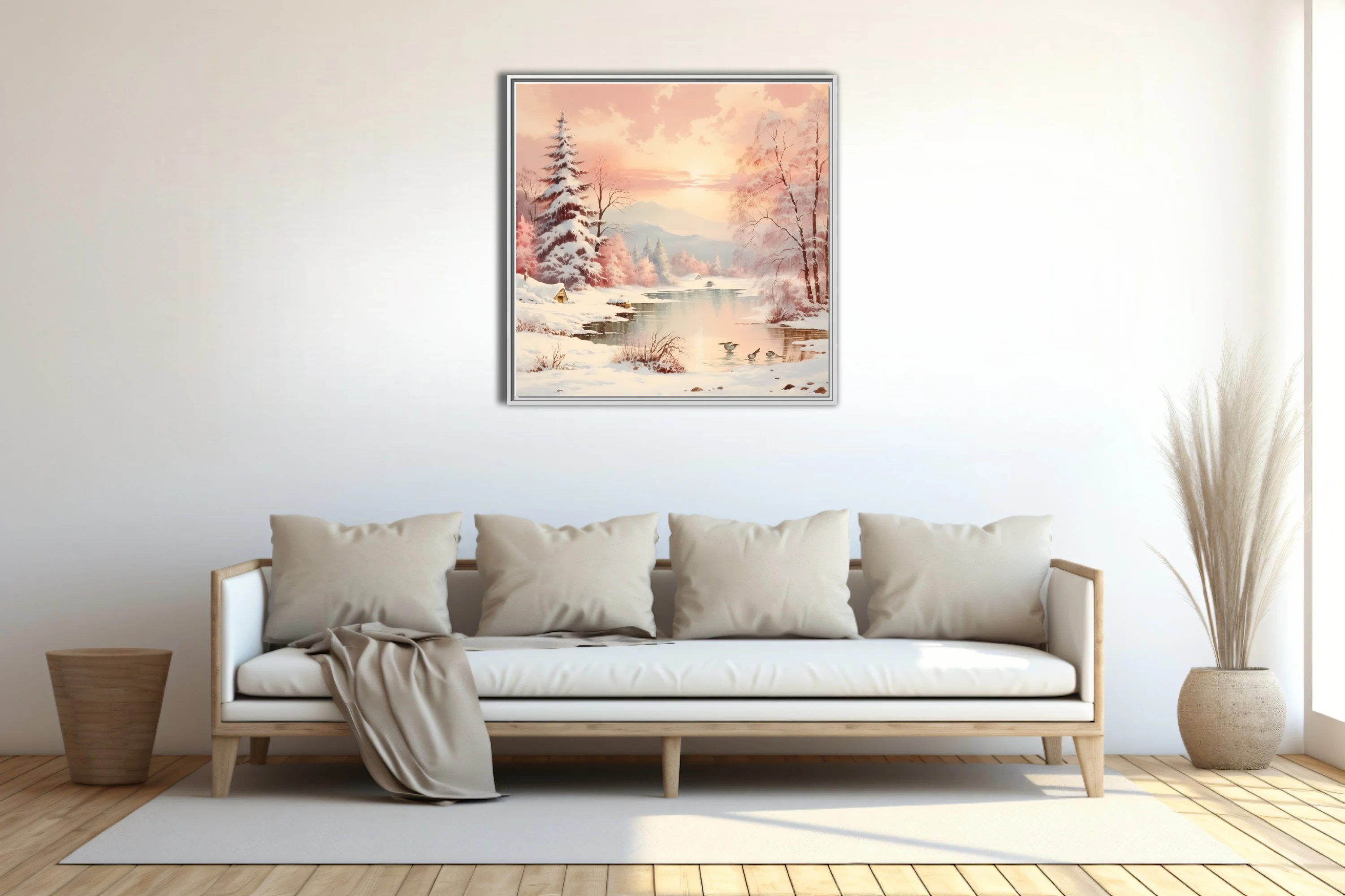 Soft-focus winter landscape in blush pink and peach pastel tones with snowy pines and quiet river