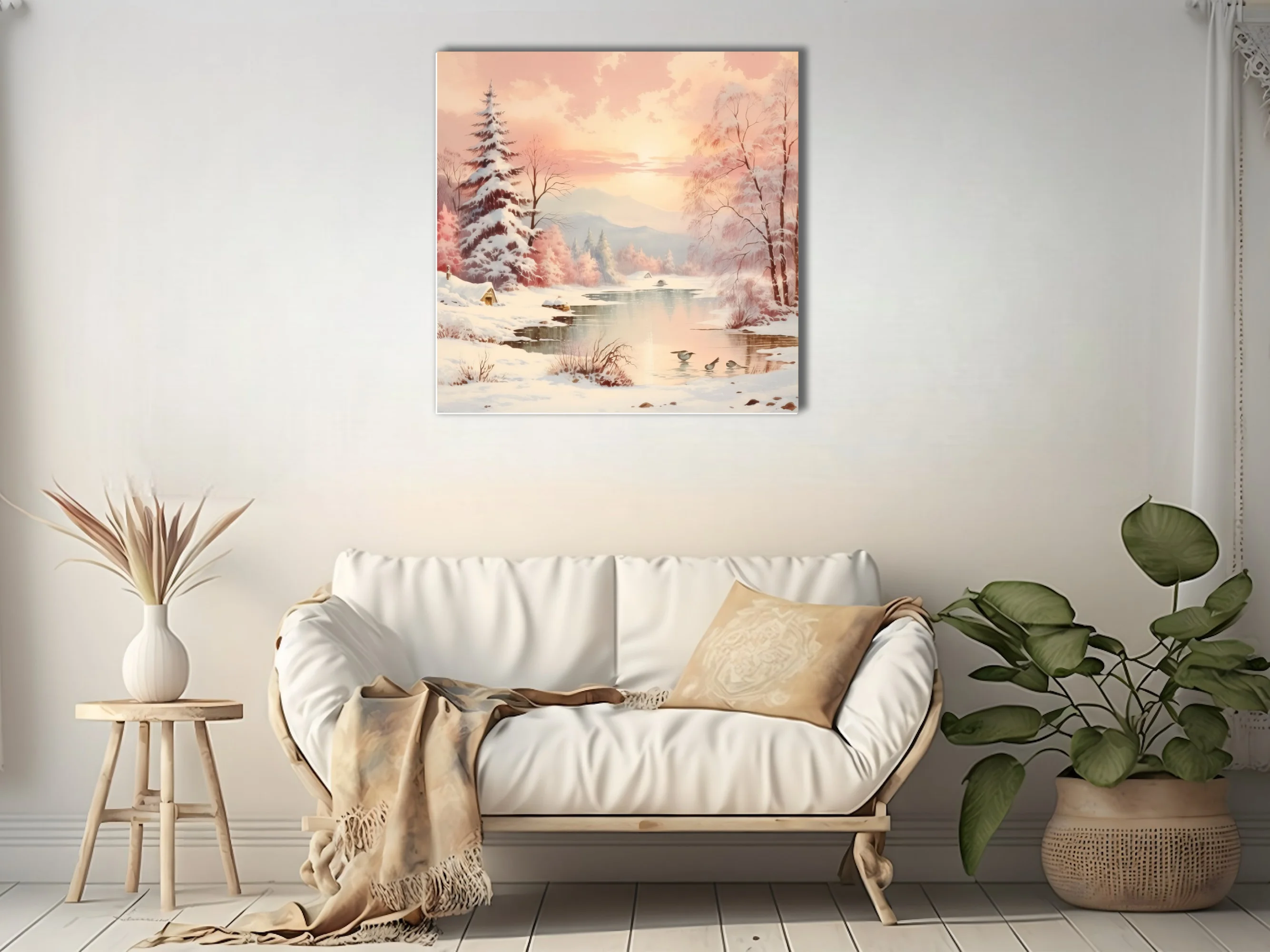 Soft-focus winter landscape in blush pink and peach pastel tones with snowy pines and quiet river