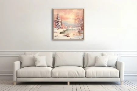 Soft-focus winter landscape in blush pink and peach pastel tones with snowy pines and quiet river