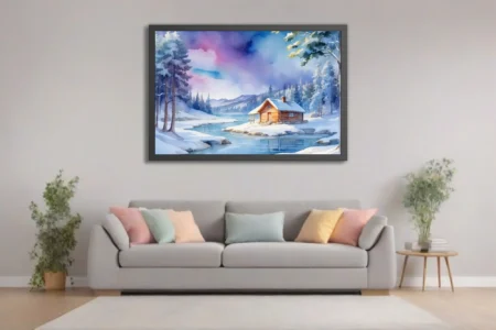 Watercolor-style snowy winter landscape with log cabin, frozen lake, and aurora-toned sky