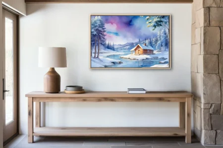 Watercolor-style snowy winter landscape with log cabin, frozen lake, and aurora-toned sky