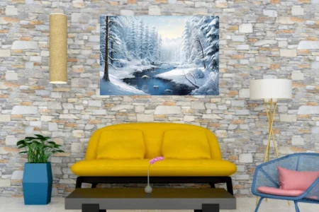 Winter forest landscape with snow-covered trees and icy blue stream