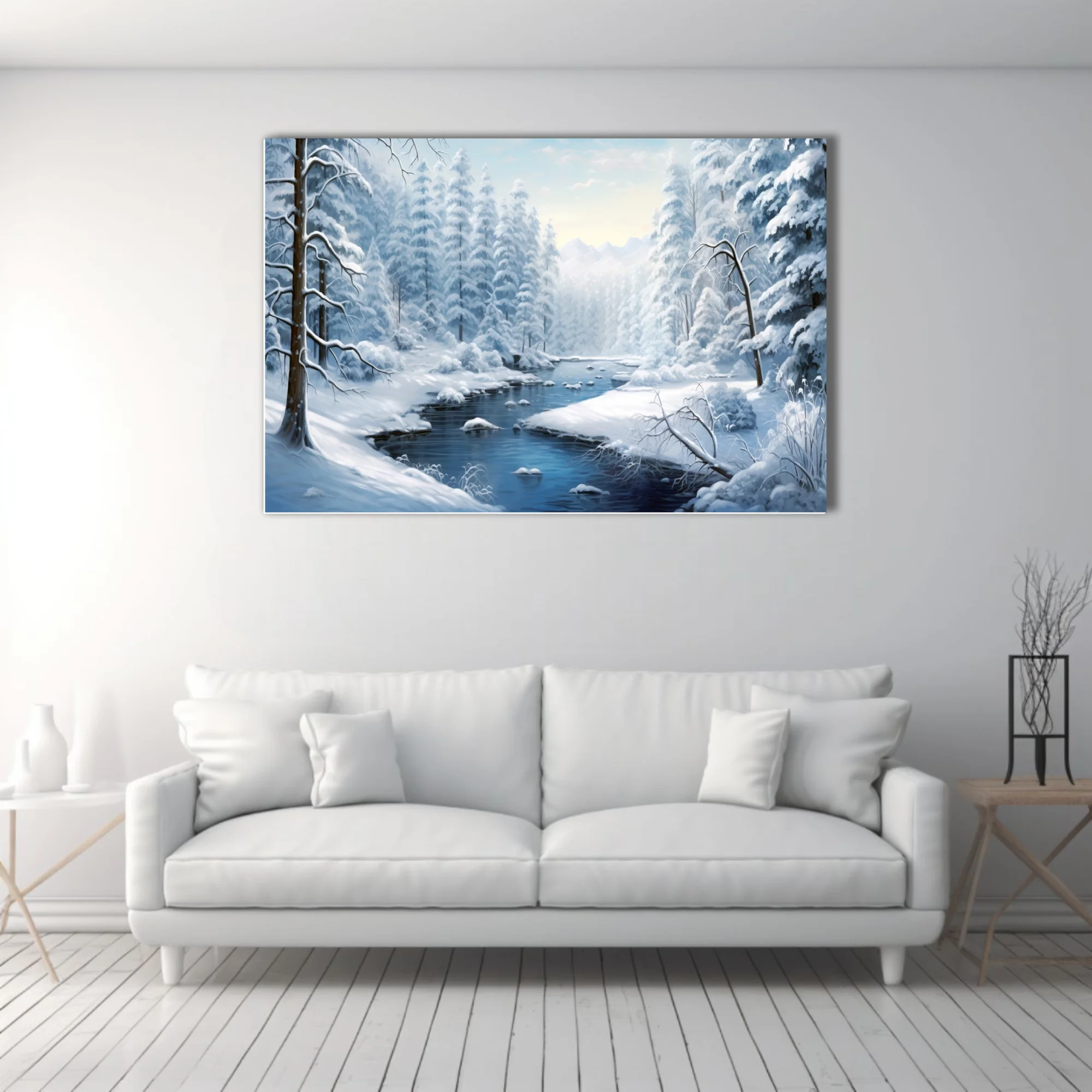 Winter forest landscape with snow-covered trees and icy blue stream