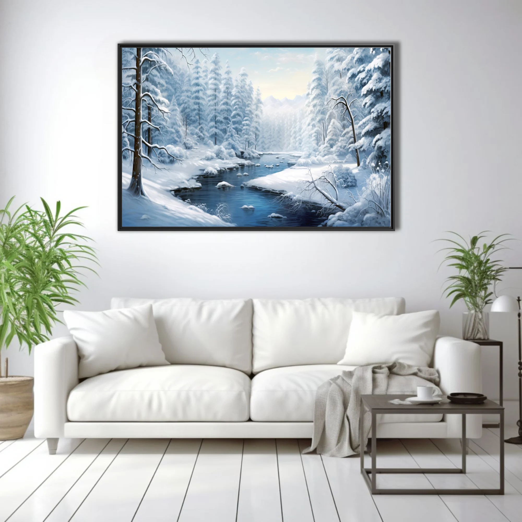 Winter forest landscape with snow-covered trees and icy blue stream