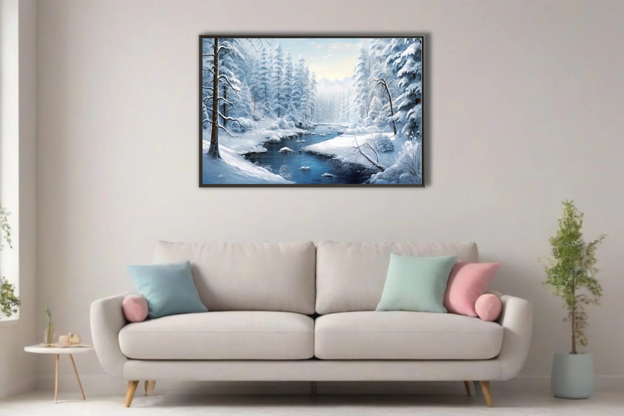 Winter forest landscape with snow-covered trees and icy blue stream