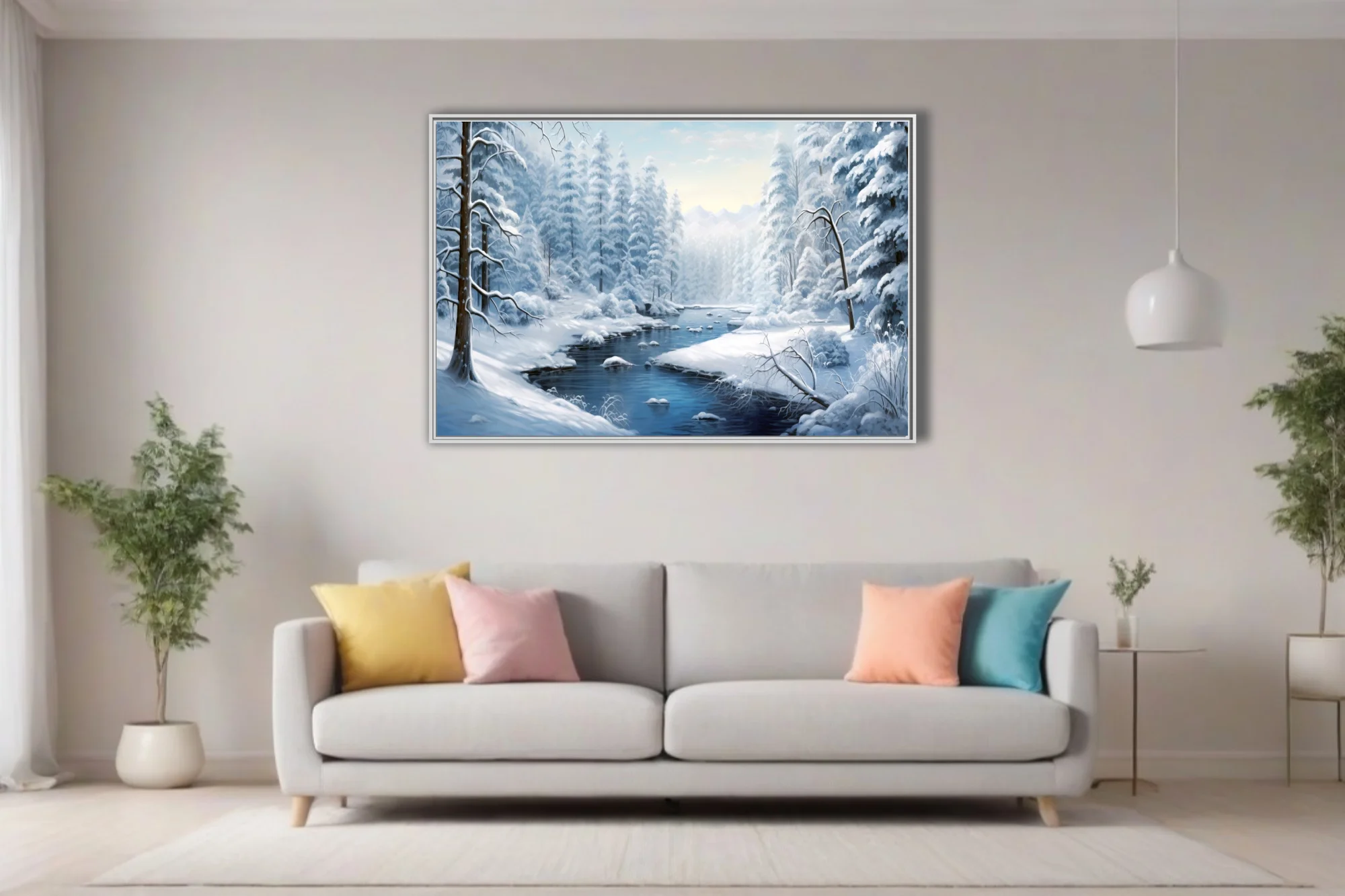 Winter forest landscape with snow-covered trees and icy blue stream