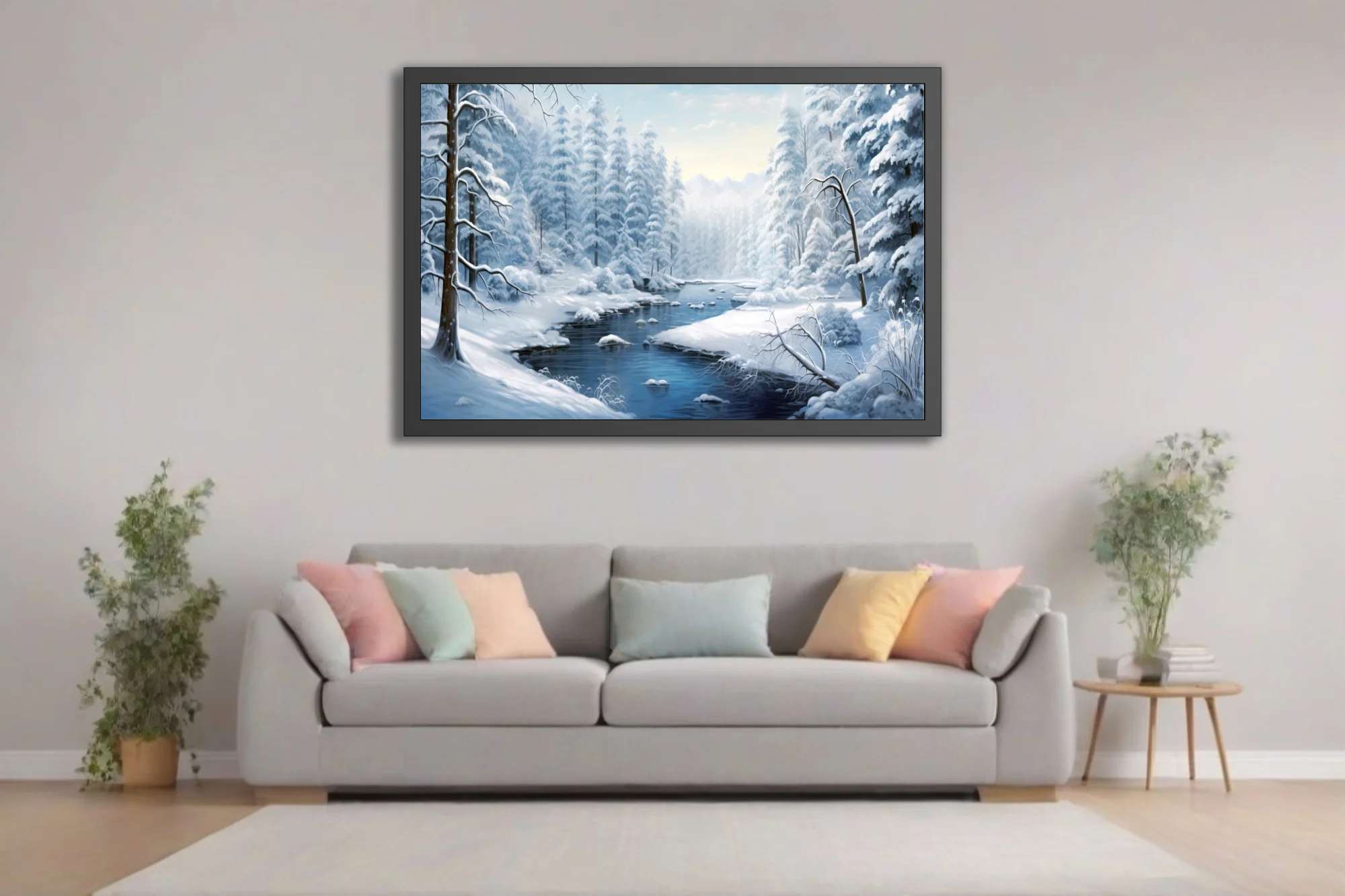 Winter forest landscape with snow-covered trees and icy blue stream