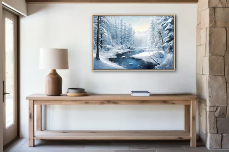 Winter forest landscape with snow-covered trees and icy blue stream
