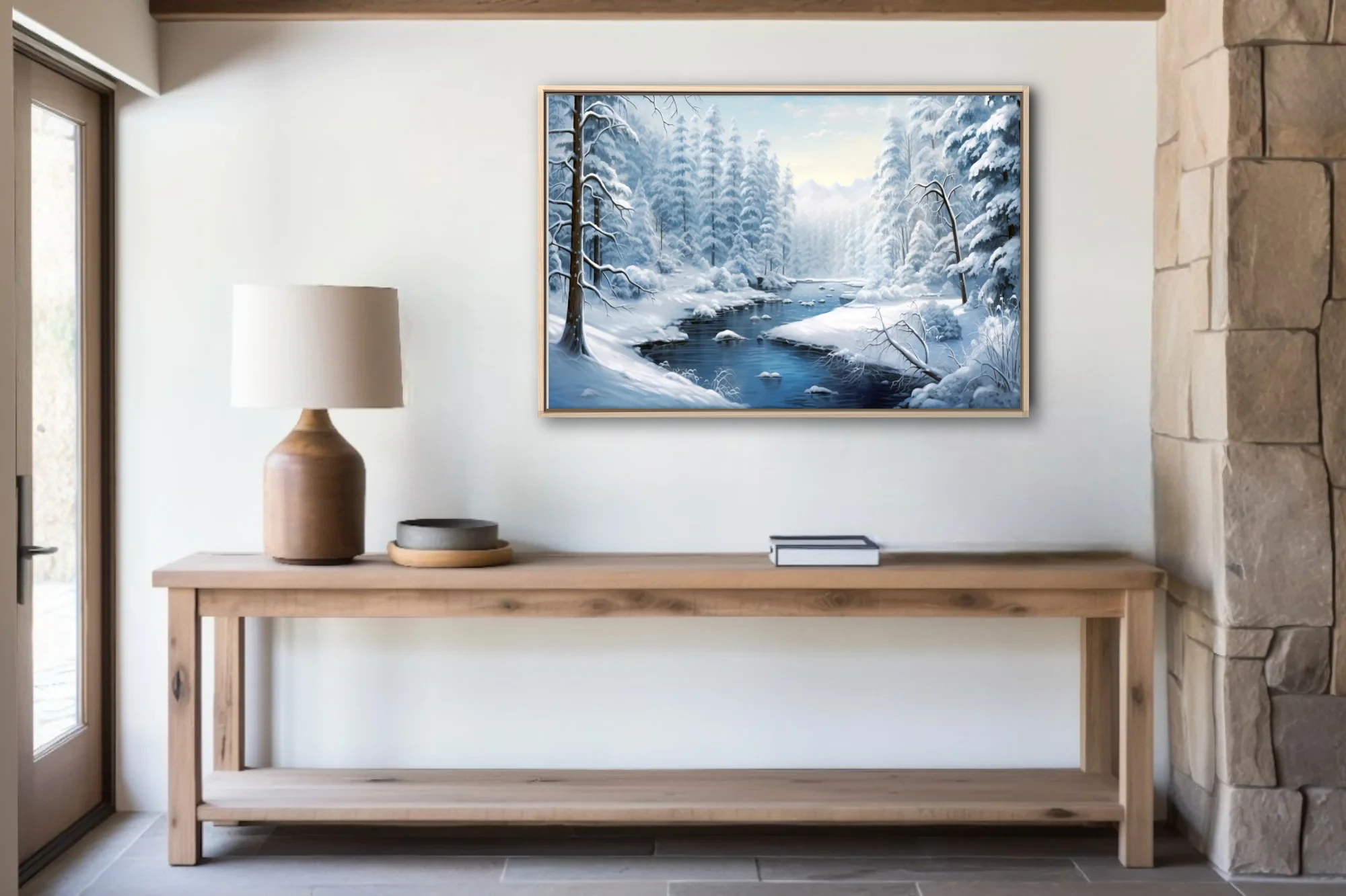 Winter forest landscape with snow-covered trees and icy blue stream
