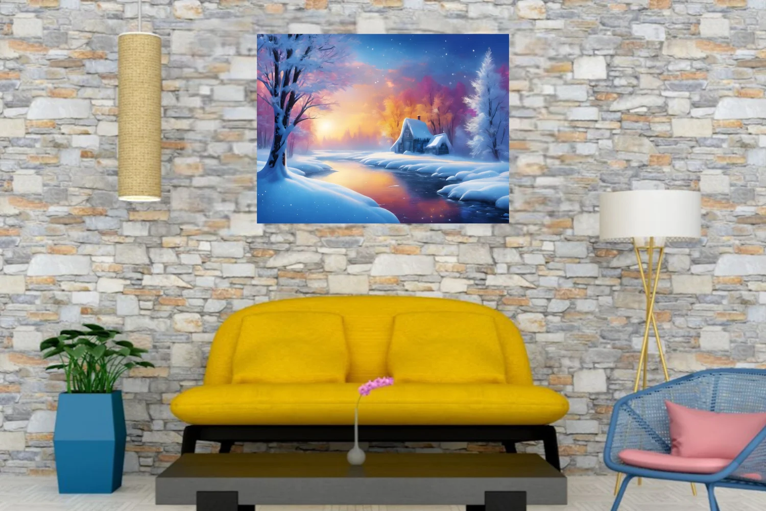 Painterly winter landscape with glowing sunset, snowy cottage, and colorful frosted trees