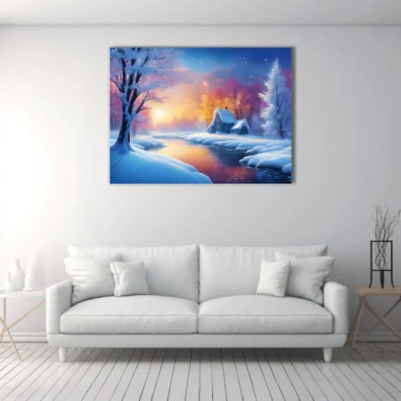 Painterly winter landscape with glowing sunset, snowy cottage, and colorful frosted trees