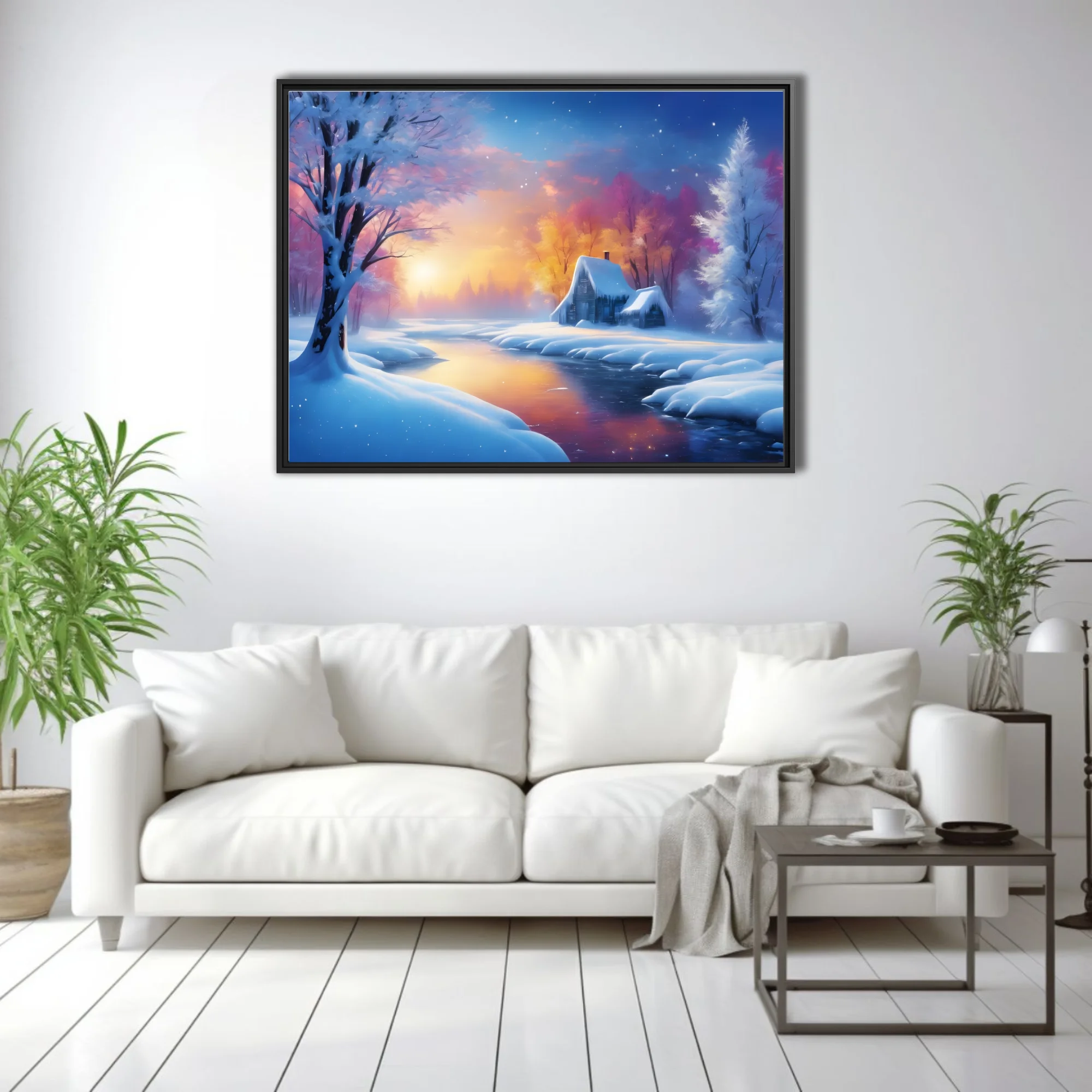Painterly winter landscape with glowing sunset, snowy cottage, and colorful frosted trees