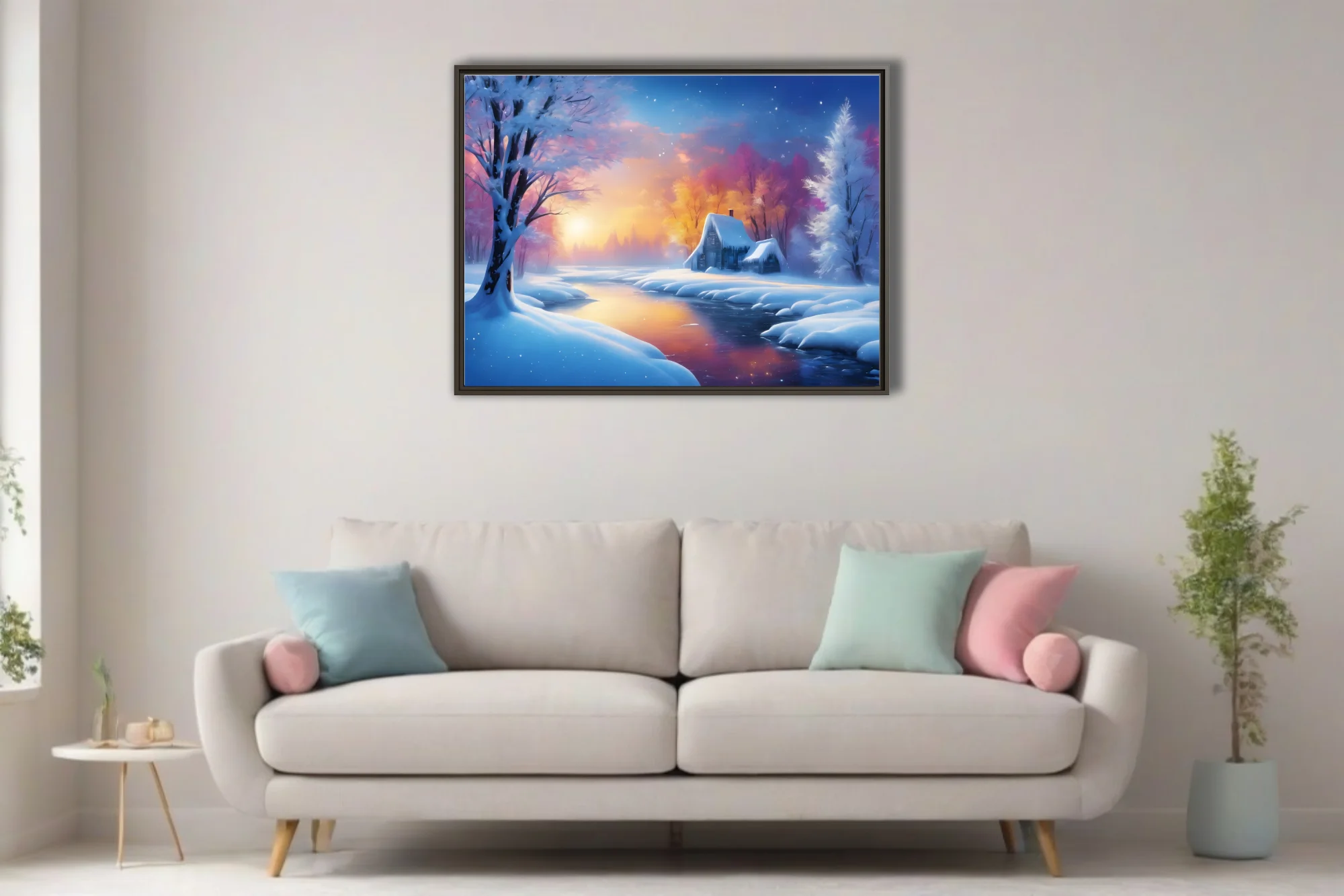 Painterly winter landscape with glowing sunset, snowy cottage, and colorful frosted trees