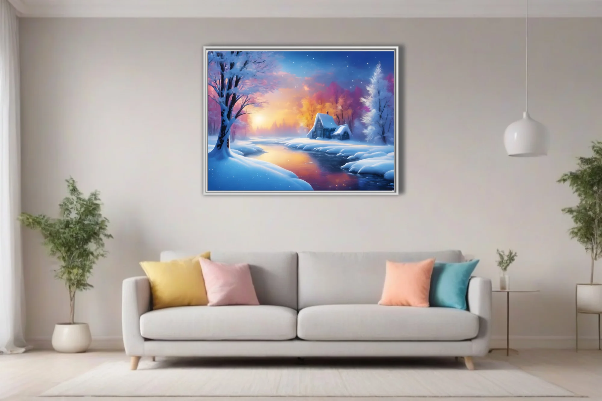 Painterly winter landscape with glowing sunset, snowy cottage, and colorful frosted trees