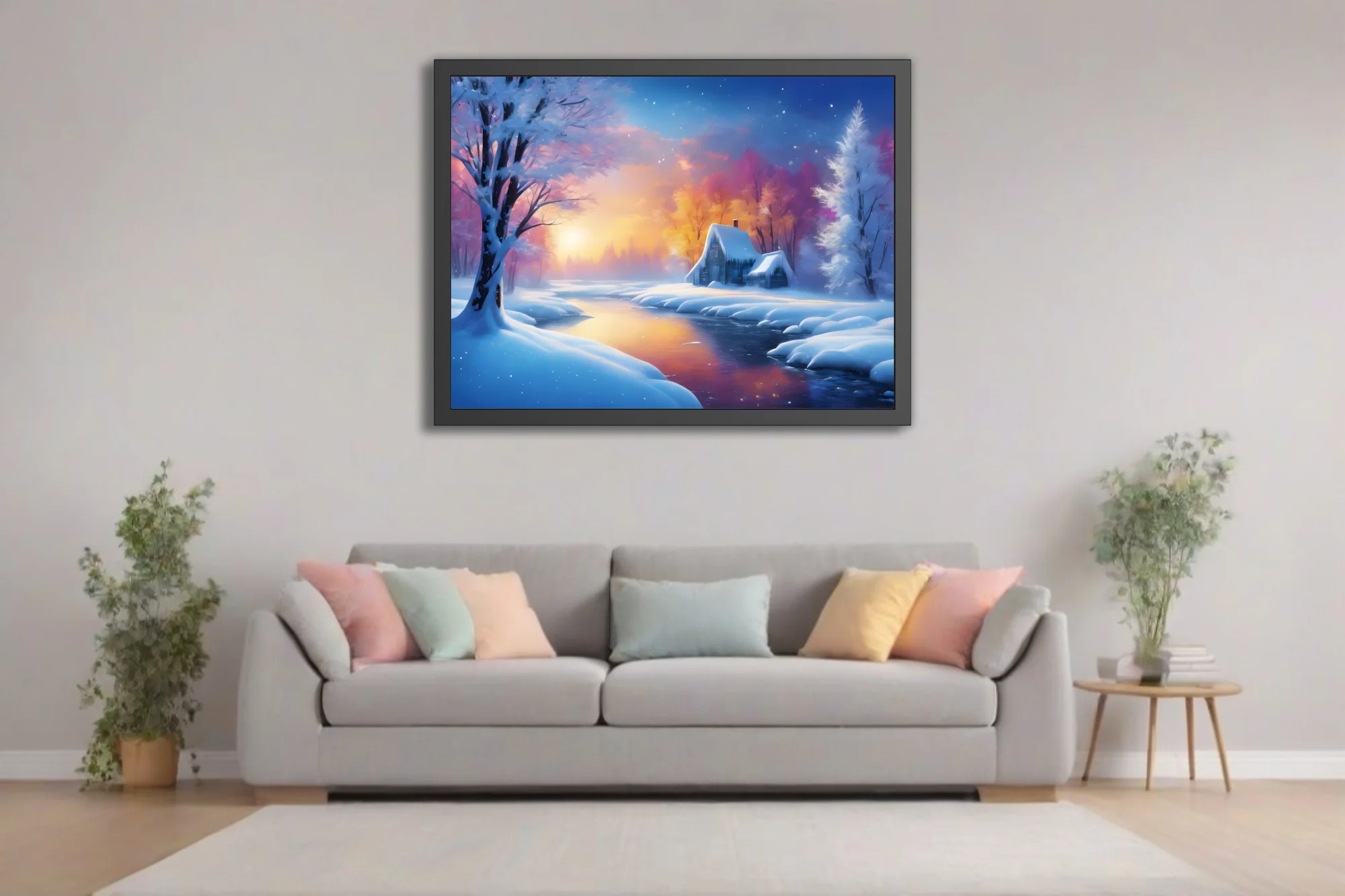 Painterly winter landscape with glowing sunset, snowy cottage, and colorful frosted trees