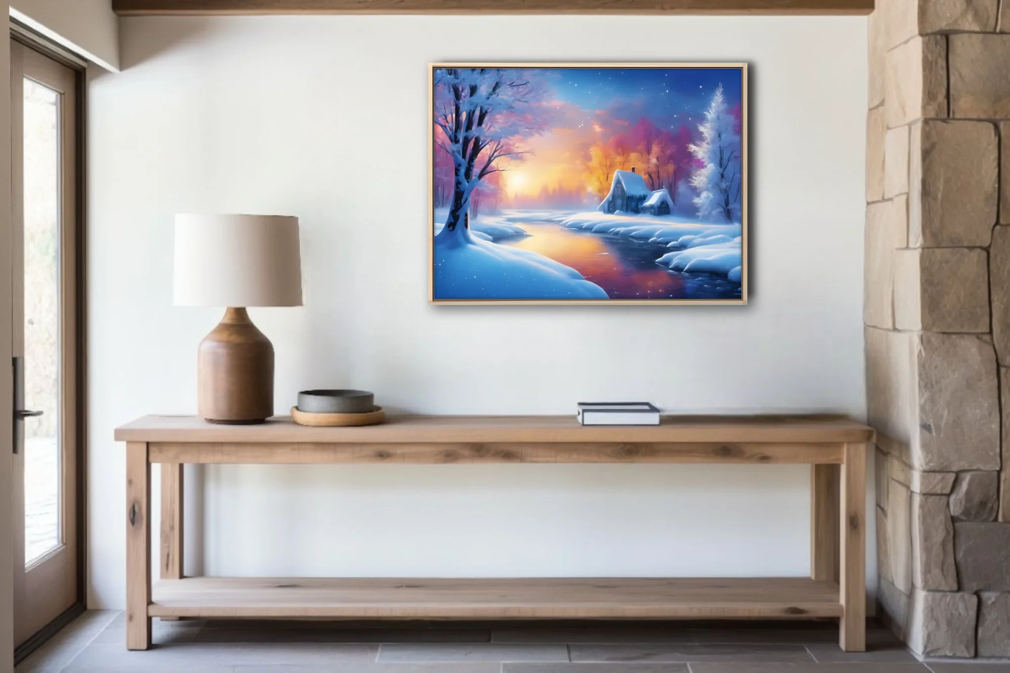 Painterly winter landscape with glowing sunset, snowy cottage, and colorful frosted trees