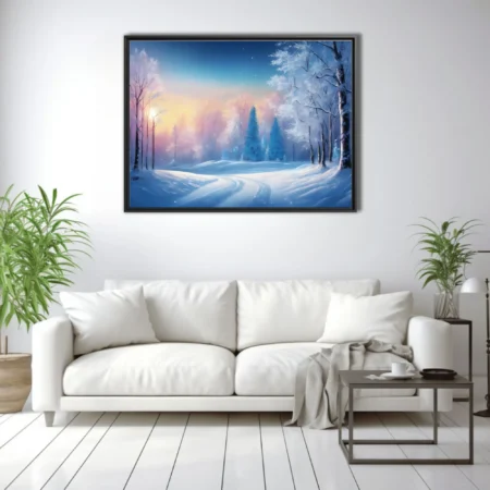 Pastel watercolor-style winter forest scene with snow-covered trees and glowing sky