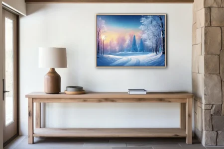 Pastel watercolor-style winter forest scene with snow-covered trees and glowing sky