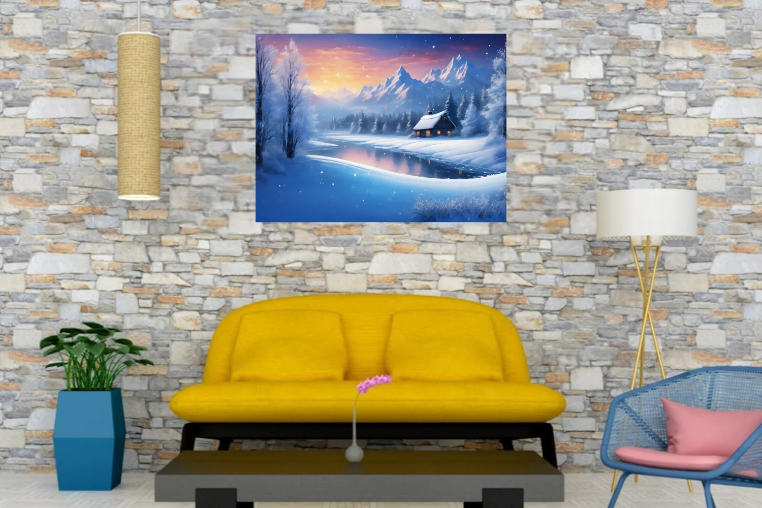 Fantasy winter landscape with snowy cabin, frozen lake, and mountain peaks at twilight