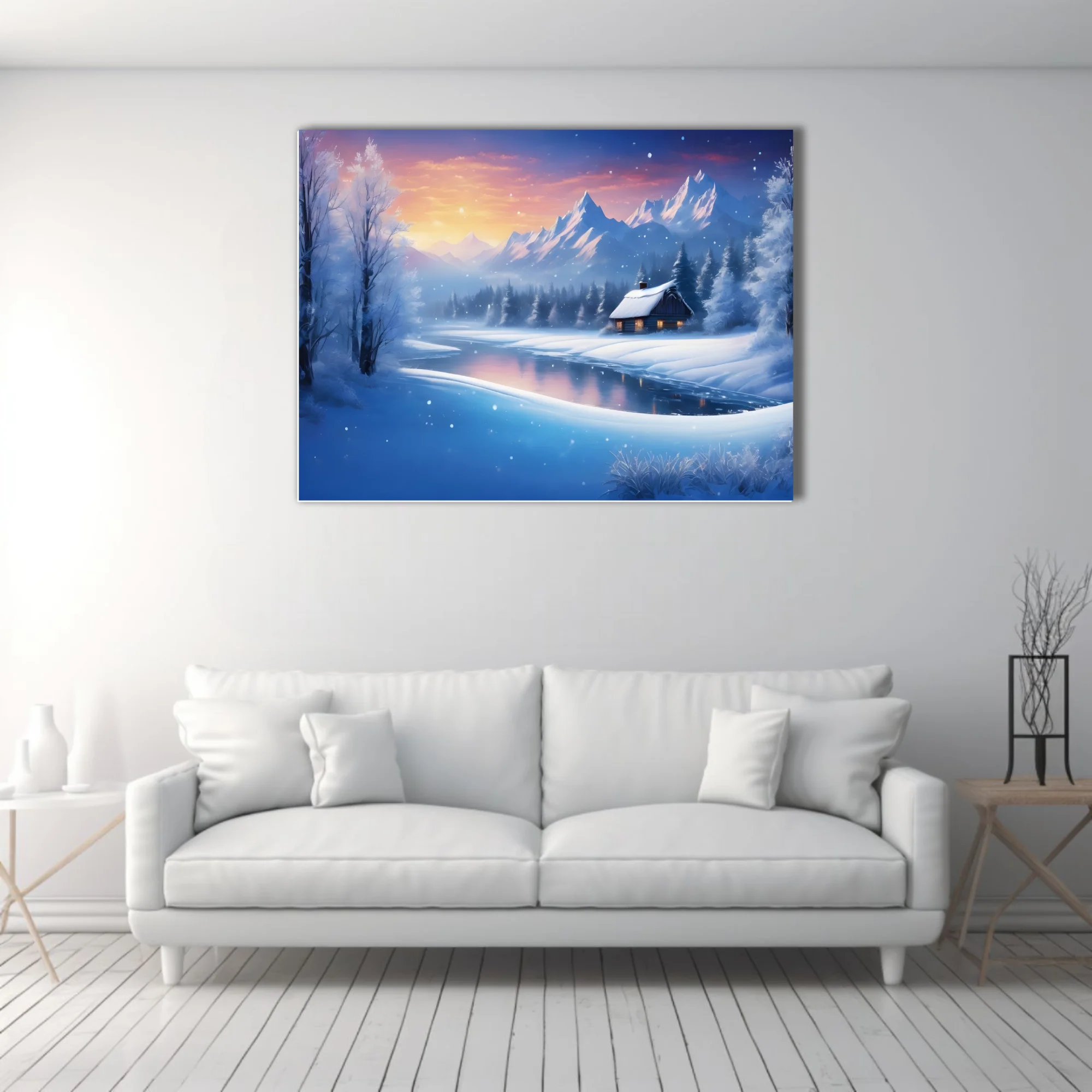 Fantasy winter landscape with snowy cabin, frozen lake, and mountain peaks at twilight