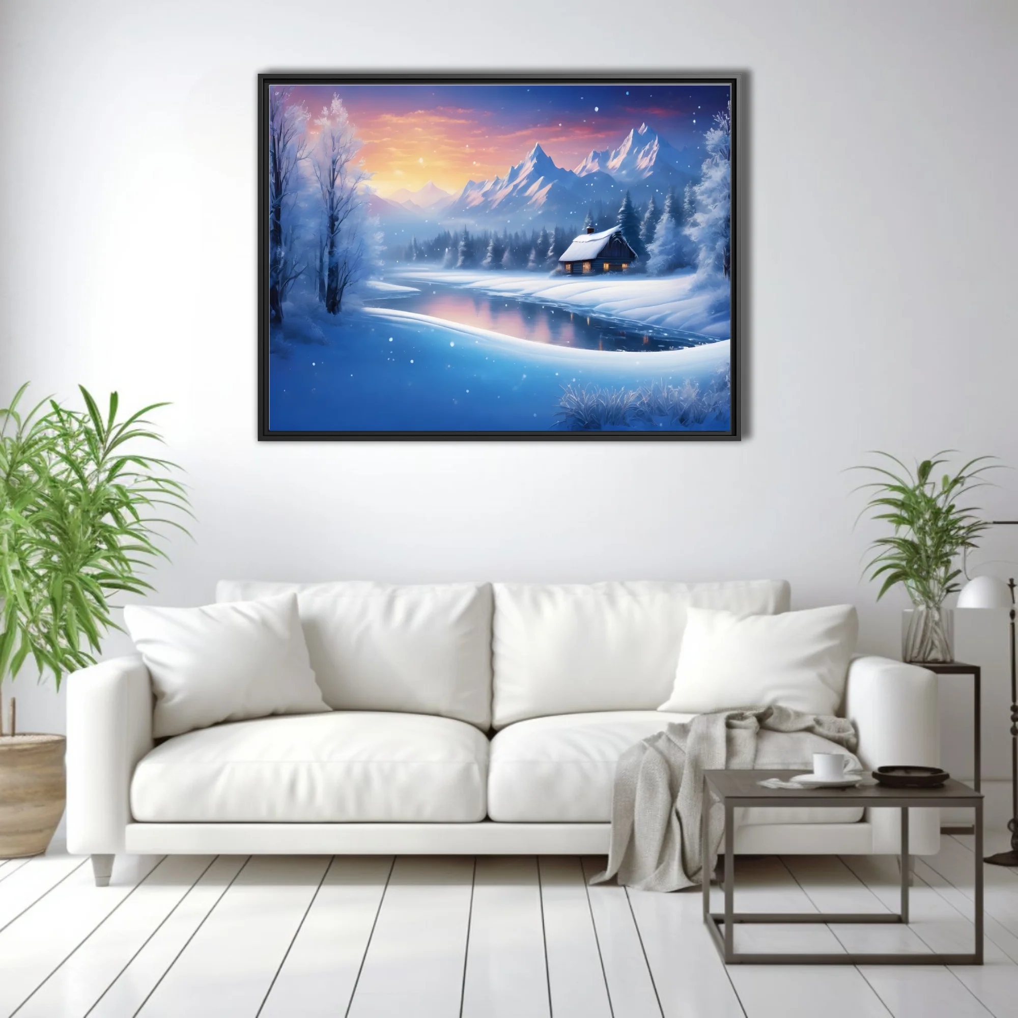Fantasy winter landscape with snowy cabin, frozen lake, and mountain peaks at twilight