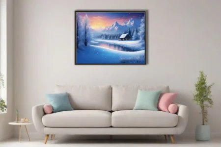 Fantasy winter landscape with snowy cabin, frozen lake, and mountain peaks at twilight