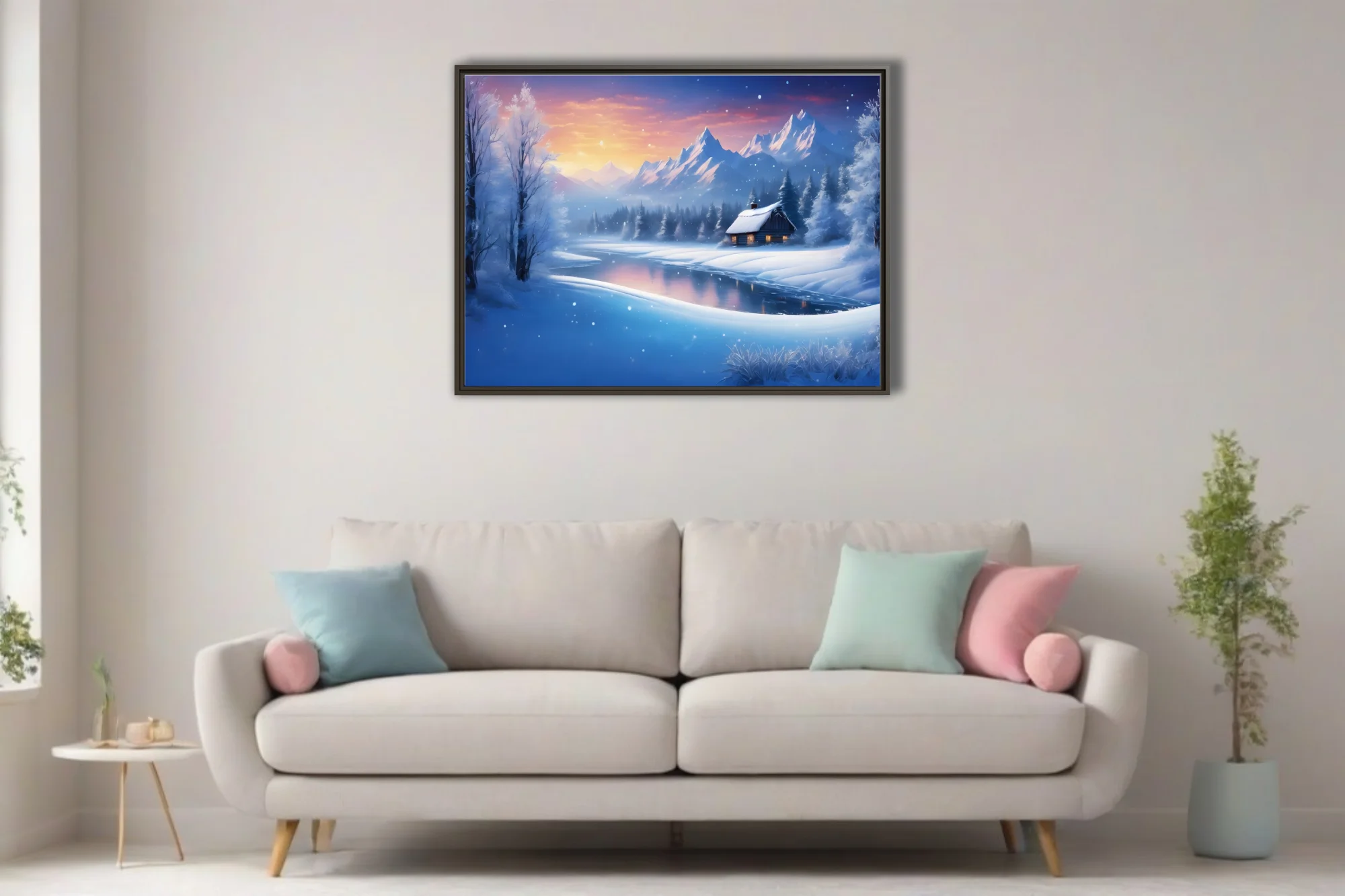 Fantasy winter landscape with snowy cabin, frozen lake, and mountain peaks at twilight
